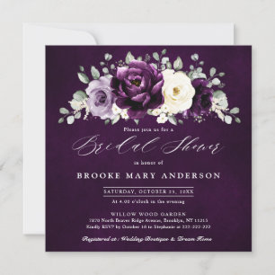 Eggplant Purple Plum Ivory White  Bridal Shower In Invitation