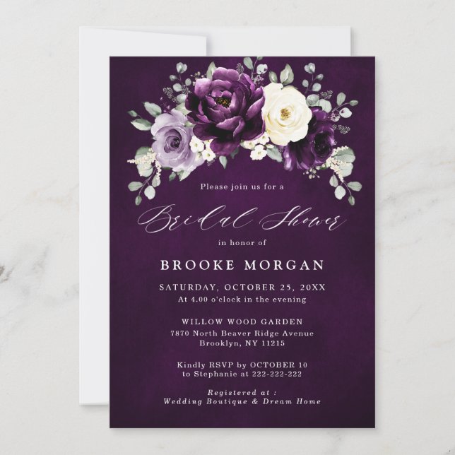 Eggplant Purple Plum Ivory White  Bridal Shower In Invitation (Front)