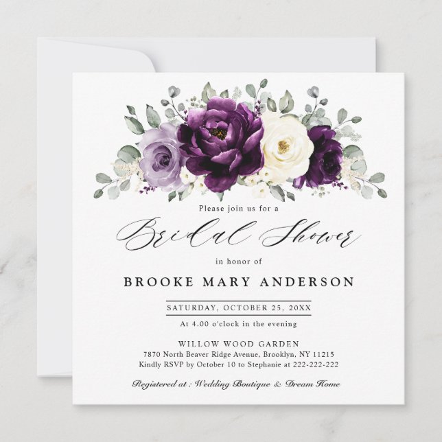 Eggplant Purple Plum Ivory White  Bridal Shower Invitation (Front)
