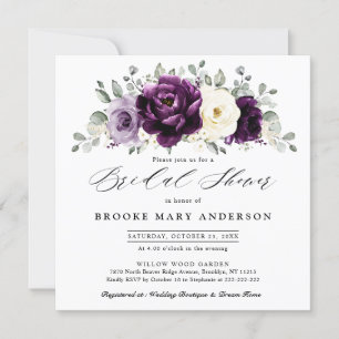 Eggplant Purple Plum Ivory White  Bridal Shower Invitation