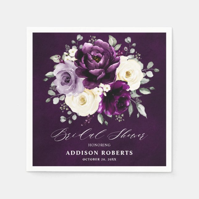 Eggplant Purple Plum Ivory White Bridal Shower  Na Napkin (Front)