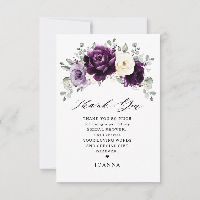 Eggplant Purple Plum Ivory White Bridal Shower     Thank You Card (Front)