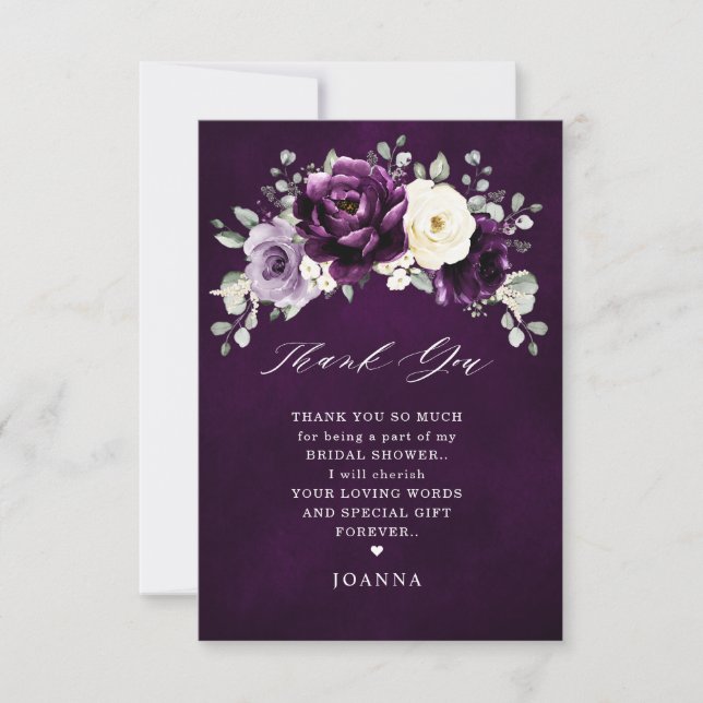 Eggplant Purple Plum Ivory White Bridal Shower     Thank You Card (Front)