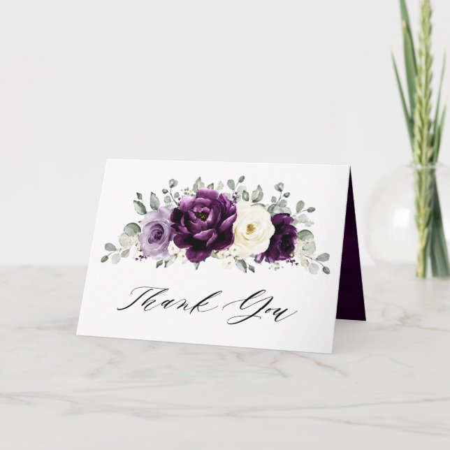 Eggplant Purple Plum Ivory White  Bridal Shower Thank You Card (Front)