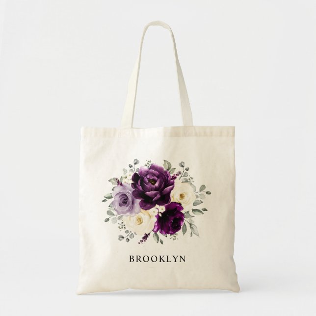 Eggplant Purple Plum Ivory White Bridesmaid Gift T Tote Bag (Front)