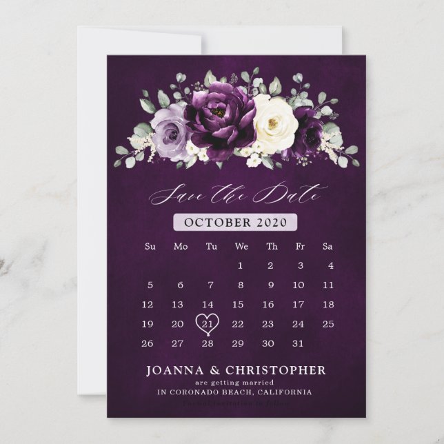 Eggplant Purple Plum Ivory White Floral Calendar S Save The Date (Front)
