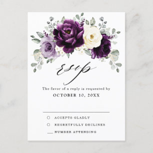 Eggplant Purple Plum Ivory White Floral RSVP Postcard