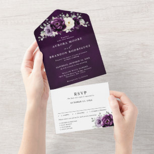 Eggplant Purple Plum Ivory White Floral Wedding Al All In One Invitation
