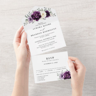 Eggplant Purple Plum Ivory White Floral Wedding Al All In One Invitation