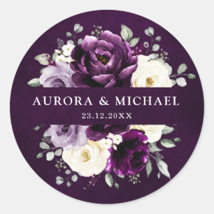 Eggplant Purple Plum Ivory White Floral Wedding Cl Classic Round Sticker