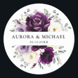 Eggplant Purple Plum Ivory White Floral Wedding Classic Round Sticker<br><div class="desc">Elegant floral midsummer wedding sticker features a bouquet of watercolor roses peonies in shades of purple plum, champagne ivory floral and sage , lush green botanical eucalyptus leaves. Please find more matching designs and variations from my "blissweddingpaperie" store. And feel free to contact me for further customisation or matching items....</div>