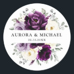 Eggplant Purple Plum Ivory White Floral Wedding Classic Round Sticker<br><div class="desc">Elegant floral midsummer wedding sticker features a bouquet of watercolor roses peonies in shades of purple plum, champagne ivory floral and sage , lush green botanical eucalyptus leaves. Please find more matching designs and variations from my "blissweddingpaperie" store. And feel free to contact me for further customisation or matching items....</div>