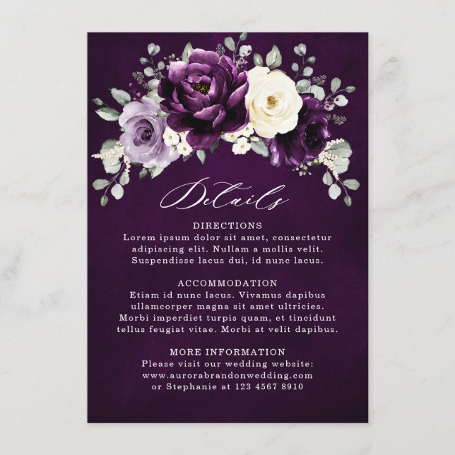 Eggplant Purple Plum Ivory White Floral Wedding En Enclosure Card (Front)