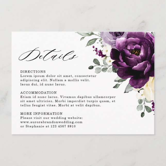 Eggplant Purple Plum Ivory White Floral Wedding Enclosure Card (Front)