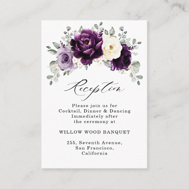 Eggplant Purple Plum Ivory White Floral Wedding Enclosure Card (Front)