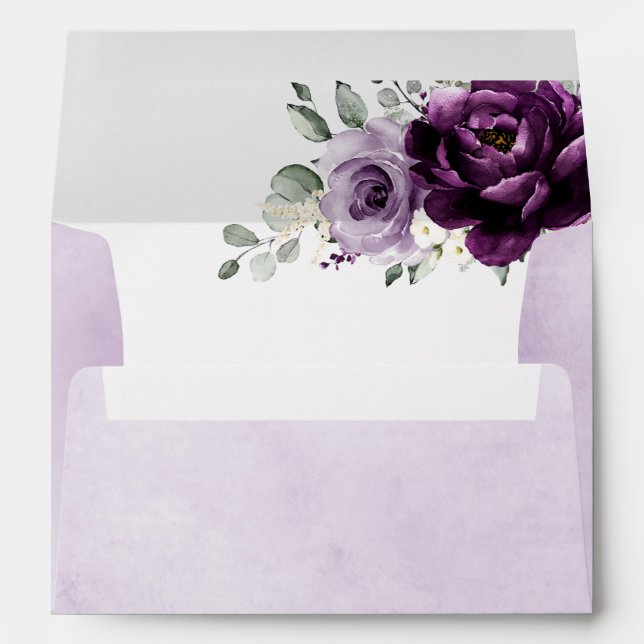 Eggplant Purple Plum Ivory White Floral Wedding Envelope (Back (Bottom))