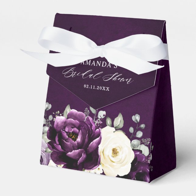 Eggplant Purple Plum Ivory White Floral Wedding Fa Favour Box (Front Side)