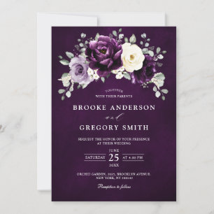 Eggplant Purple Plum Ivory White Floral Wedding In Invitation