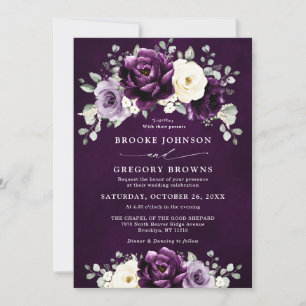 Eggplant Purple Plum Ivory White Floral Wedding In Invitation
