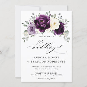 Eggplant Purple Plum Ivory White Floral Wedding    Invitation