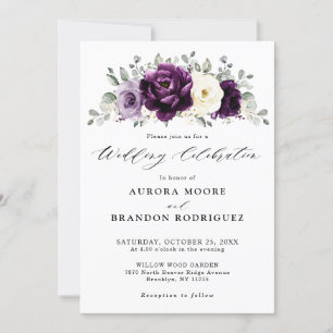 Eggplant Purple Plum Ivory White Floral Wedding Invitation