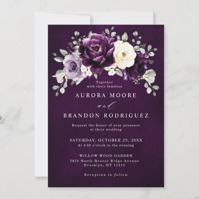 Eggplant Purple Plum Ivory White Floral Wedding    Invitation (Front)
