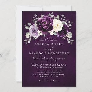 Eggplant Purple Plum Ivory White Floral Wedding    Invitation