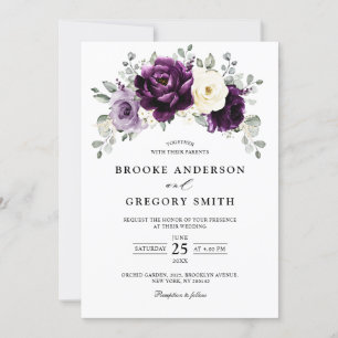 Eggplant Purple Plum Ivory White Floral Wedding Invitation