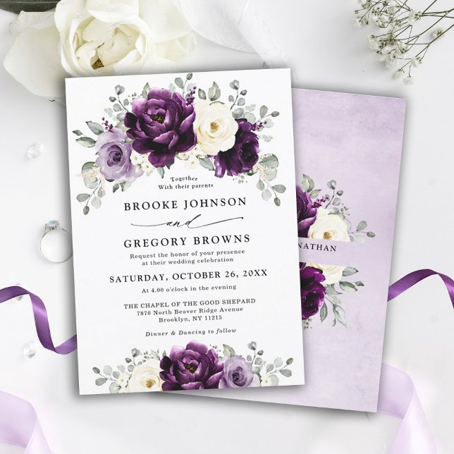 Eggplant Purple Plum Ivory White Floral Wedding Invitation (Eggplant purple plum ivory floral wedding invitation)