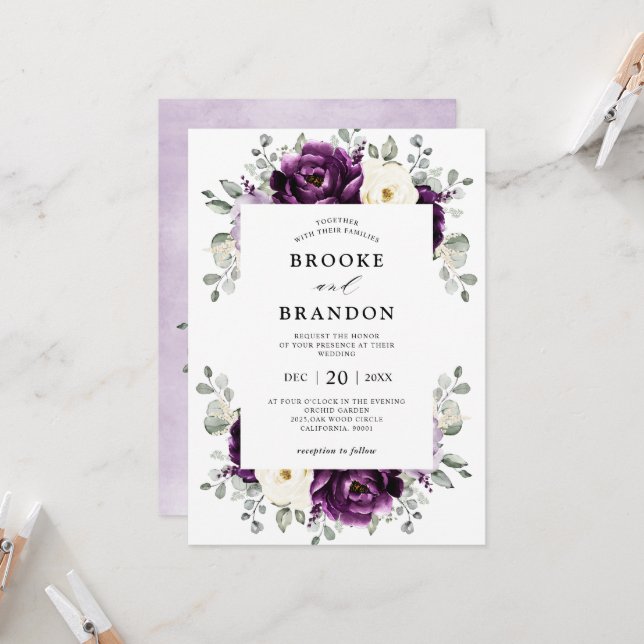 Eggplant Purple Plum Ivory White Floral Wedding Invitation (Front/Back In Situ)
