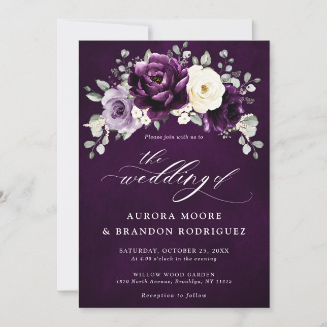 Eggplant Purple Plum Ivory White Floral Wedding    Invitation (Front)