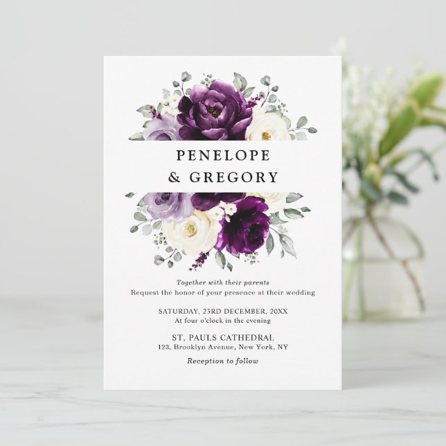 Eggplant Purple Plum Ivory White Floral Wedding Invitation (Standing Front)