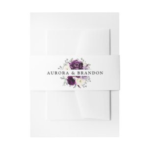 Eggplant Purple Plum Ivory White Floral Wedding Invitation Belly Band