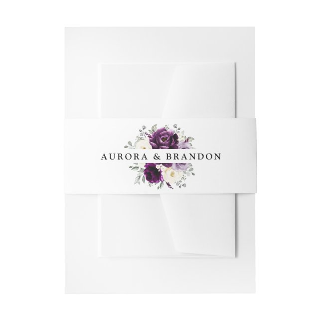 Eggplant Purple Plum Ivory White Floral Wedding Invitation Belly Band (Front Example)