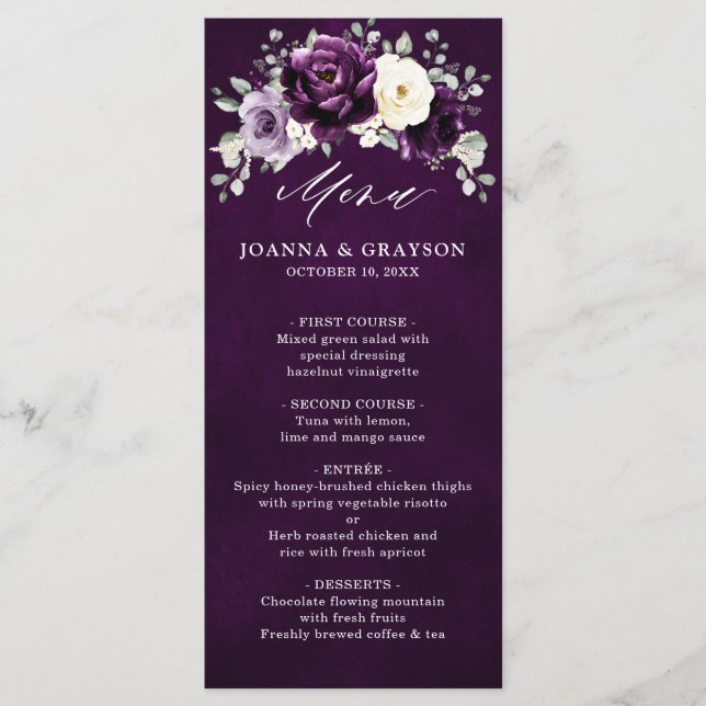 Eggplant Purple Plum Ivory White Floral Wedding Me Menu (Front)