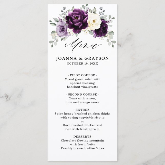 Eggplant Purple Plum Ivory White Floral Wedding Menu (Front)