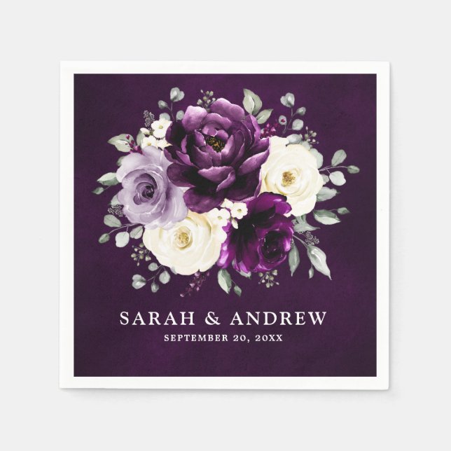 Eggplant Purple Plum Ivory White Floral Wedding Na Napkin (Front)