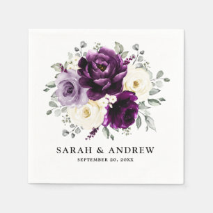 Eggplant Purple Plum Ivory White Floral Wedding Napkin