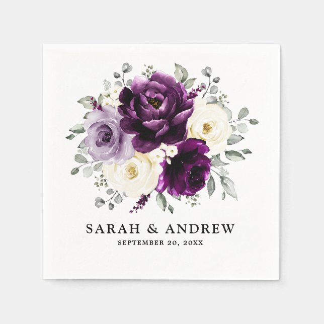 Eggplant Purple Plum Ivory White Floral Wedding Napkin (Front)