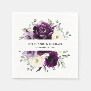 Eggplant Purple Plum Ivory White Floral Wedding Napkin