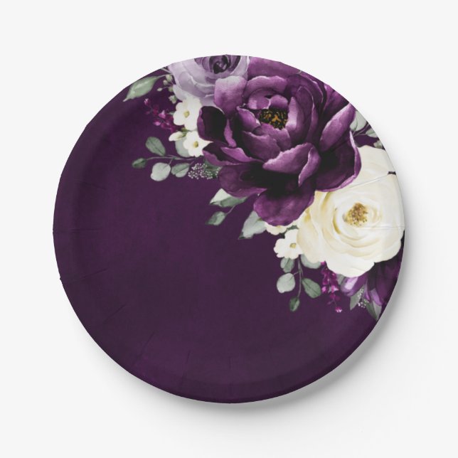 Eggplant Purple Plum Ivory White Floral Wedding Pa Paper Plate (Front)