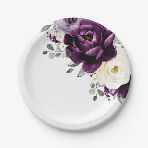 Eggplant Purple Plum Ivory White Floral Wedding Paper Plate