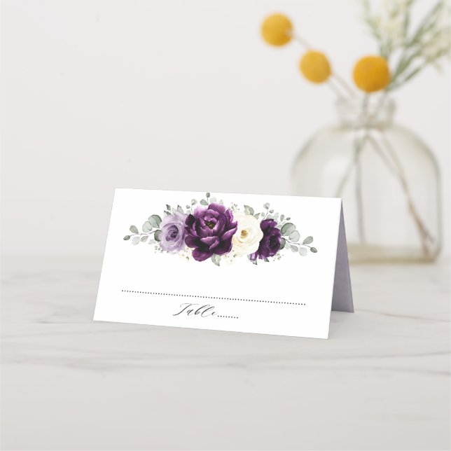 Eggplant Purple Plum Ivory White Floral Wedding Place Card (Front)