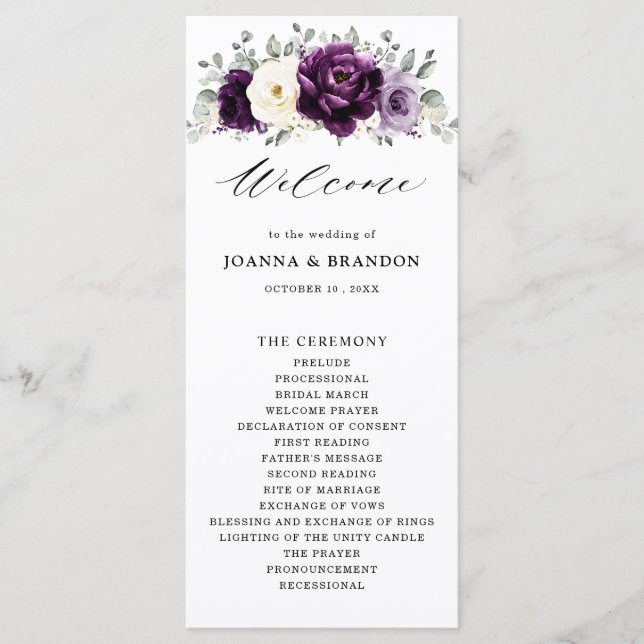 Eggplant Purple Plum Ivory White Floral Wedding Programme (Front)