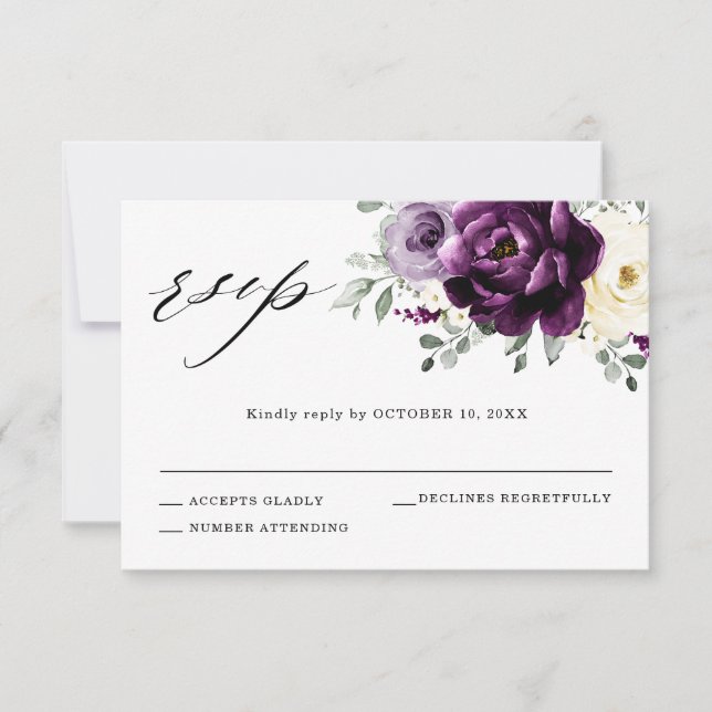 Eggplant Purple Plum Ivory White Floral Wedding RSVP Card (Front)