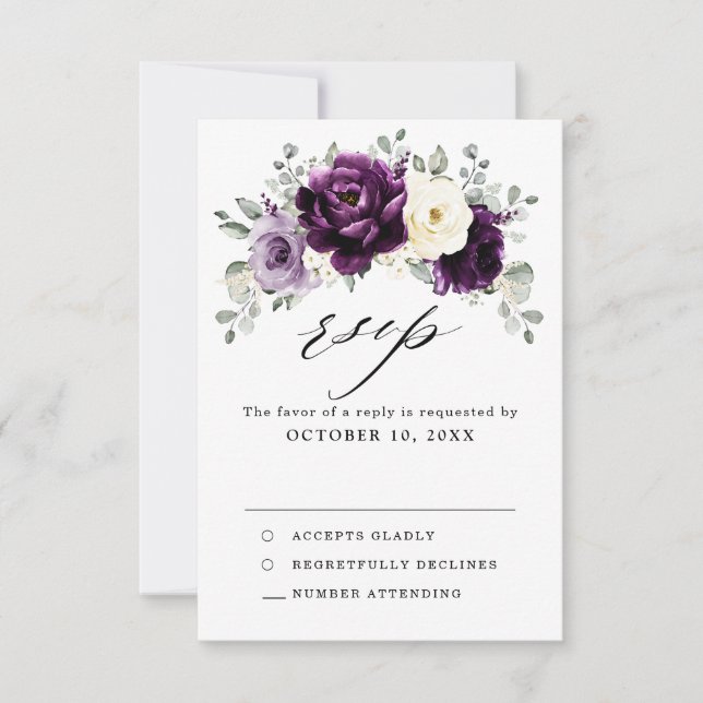 Eggplant Purple Plum Ivory White Floral Wedding RSVP Card (Front)