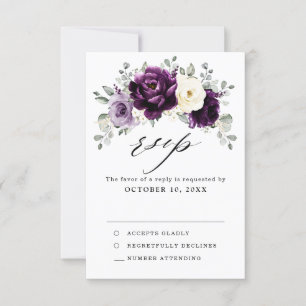 Eggplant Purple Plum Ivory White Floral Wedding RSVP Card