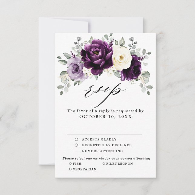 Eggplant Purple Plum Ivory White Floral Wedding RSVP Card (Front)