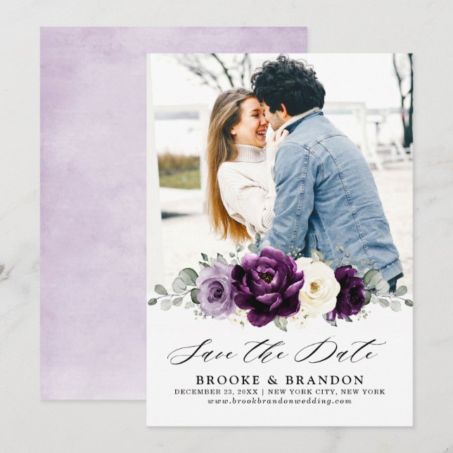 Eggplant Purple Plum Ivory White Floral Wedding Save The Date (Front/Back)
