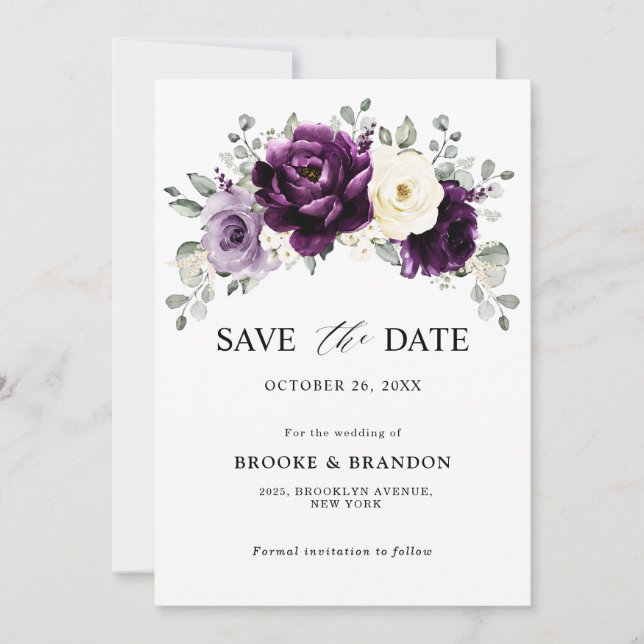 Eggplant Purple Plum Ivory White Floral Wedding Save The Date (Front)